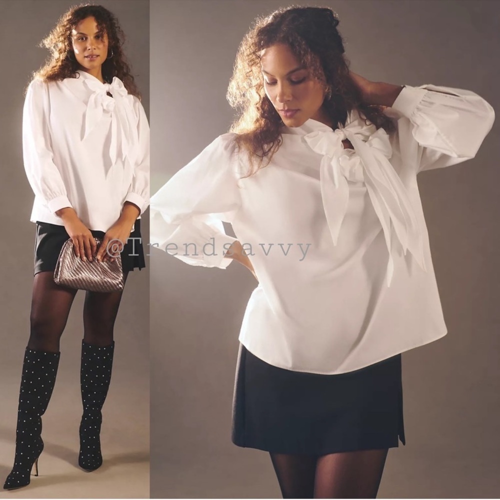 Anthropologie Maeve White Bow Tie Poplin Blouse 3X Plus Work Office Cotton Top